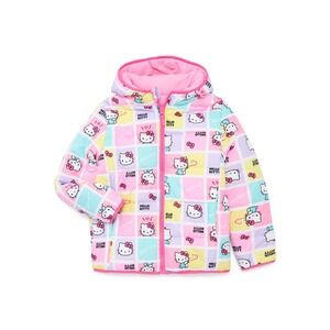 Hello Kitty Girl's Puffer Jacket XS 4-5 Pink Reversible Fleece Lined Winter Coat